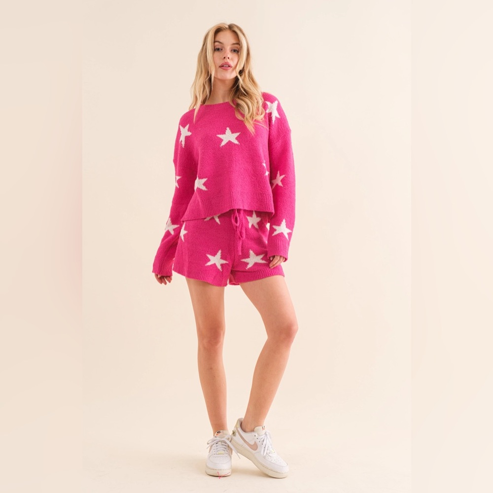 Star Print Soft Long Sleeve Top & Shorts Lounge Set in Pink - Picture 3 of 7
